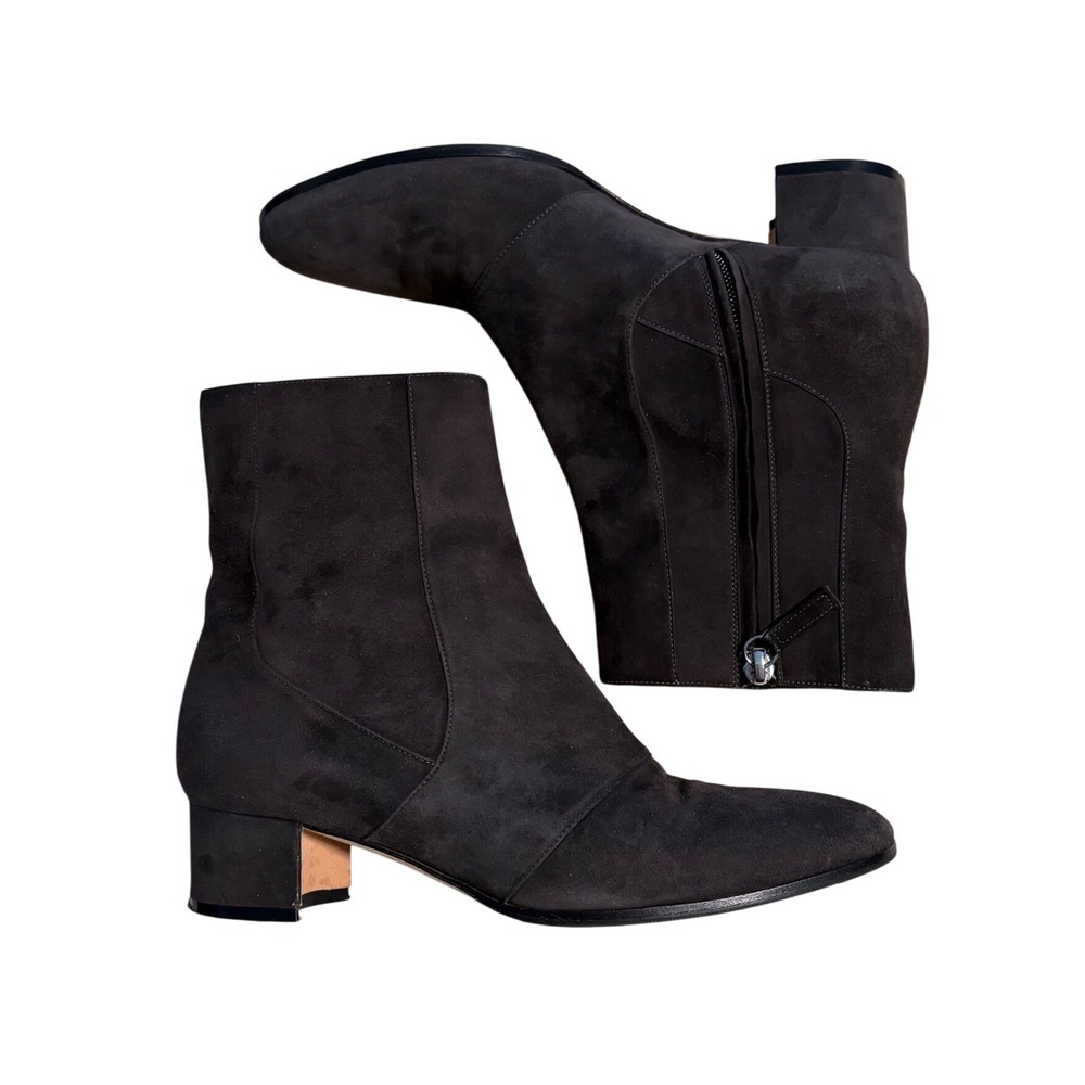 Manolo Blahnik Brown Suede Gray Ankle Boots Block Heel Side Zip Italy 36.5 EU